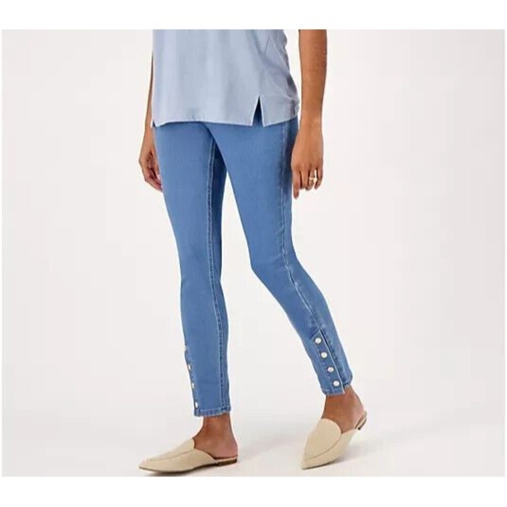 New Womens Isaac Mizrahi Live Divine Denim Pull On Jeans Blue Gold Snaps 16 Tall